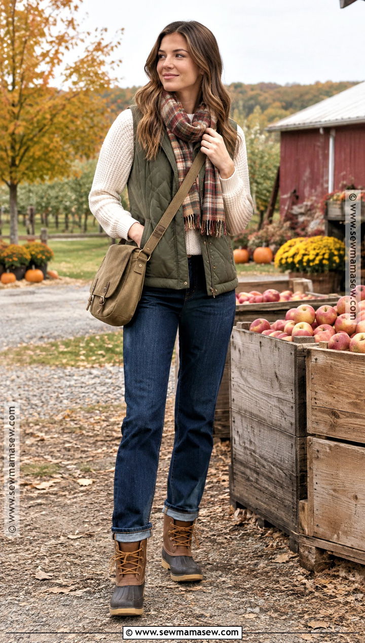 Autumn Farm Outfit With Quilted Vest And Straight Jeans - 15 autumn farm outfit ideas