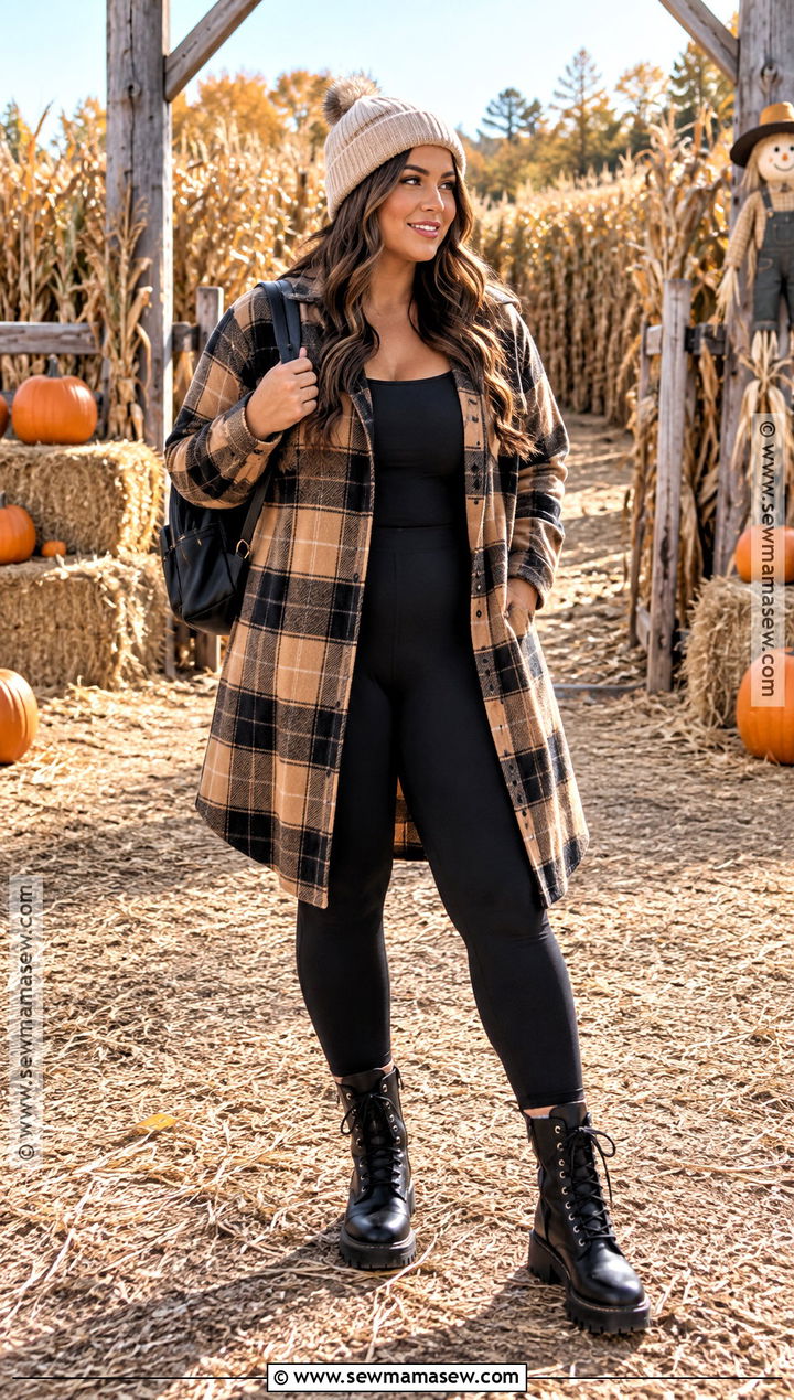 Autumn Farm Outfit With Shacket And Black Leggings - 15 autumn farm outfit ideas