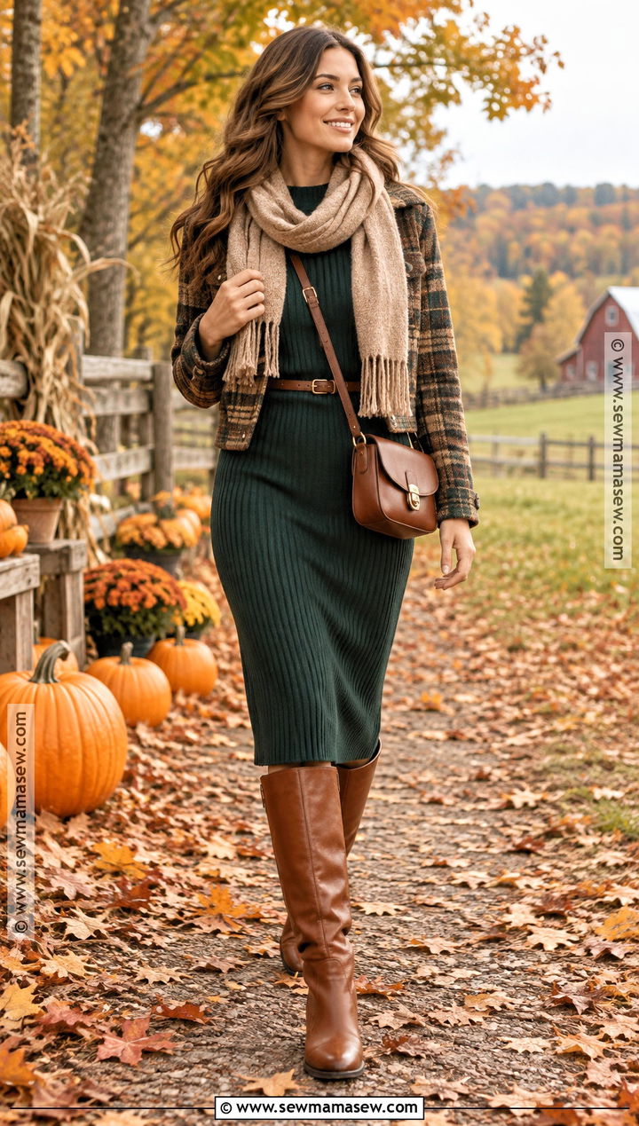 Autumn Farm Outfit With Sweater Dress And Knee High Boots - 15 autumn farm outfit ideas