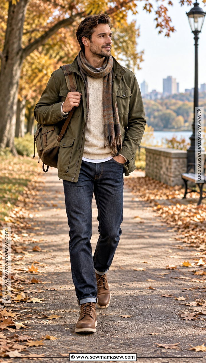 Autumn Field Jacket With Sweater And Jeans Outfit - 15 Men Outfit Autumn Casual Ideas