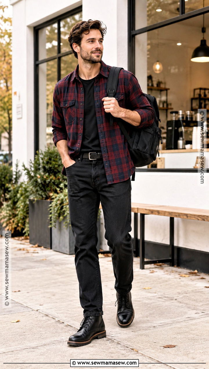 Autumn Flannel Shirt Outfit With Black Jeans - 20 Men Autumn Style Ideas