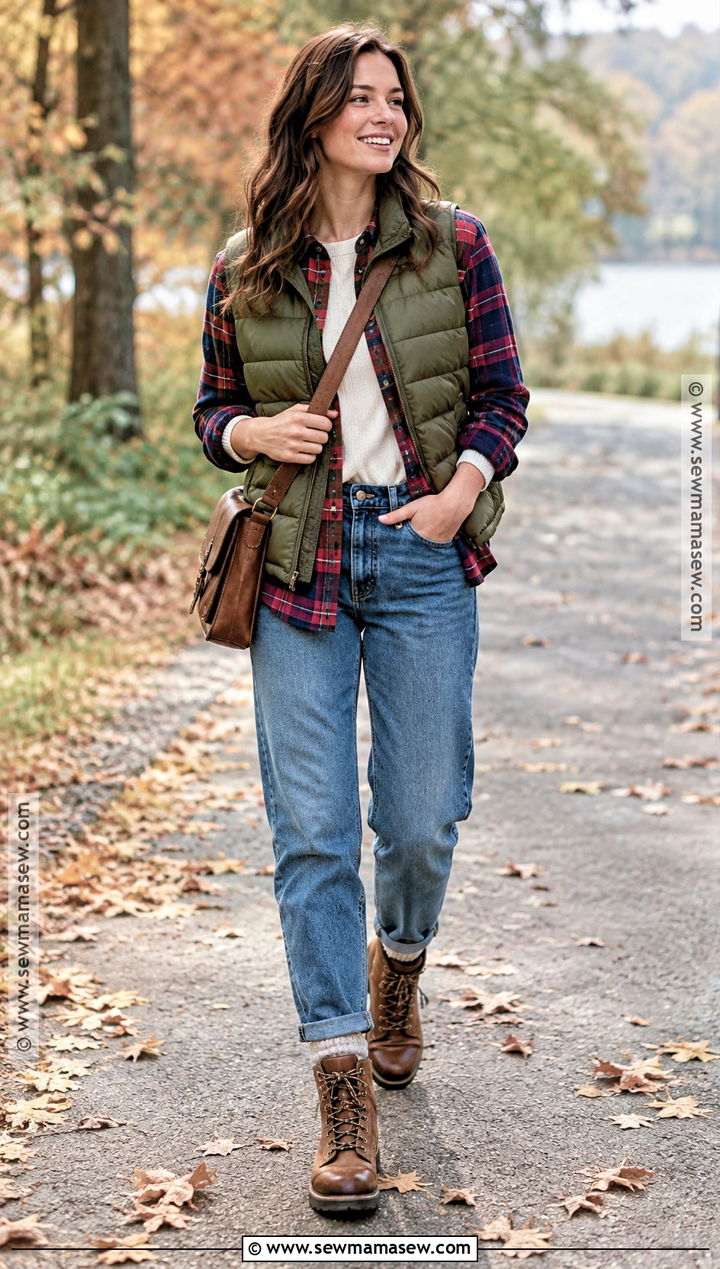 Autumn Flannel Shirt Puffer Vest And Jeans Outfit - 20 autumn layering ideas