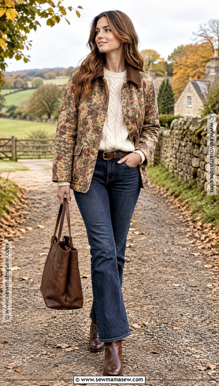 Autumn Floral Barn Jacket With Dark Wash Jeans - 15 autumn floral jacket style ideas