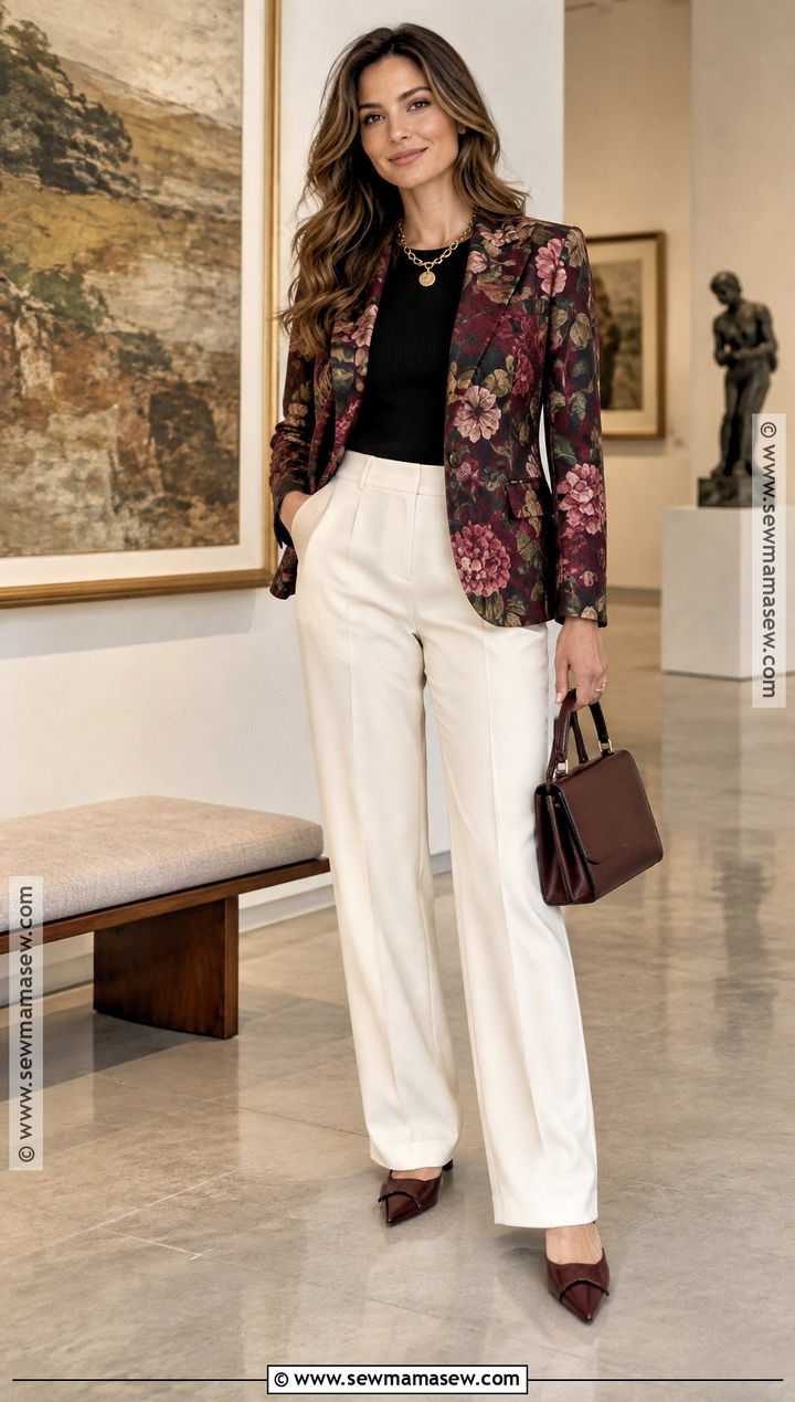 Autumn Floral Blazer And White Trousers Outfit - 15 Autumn Fashion Lookbook Ideas