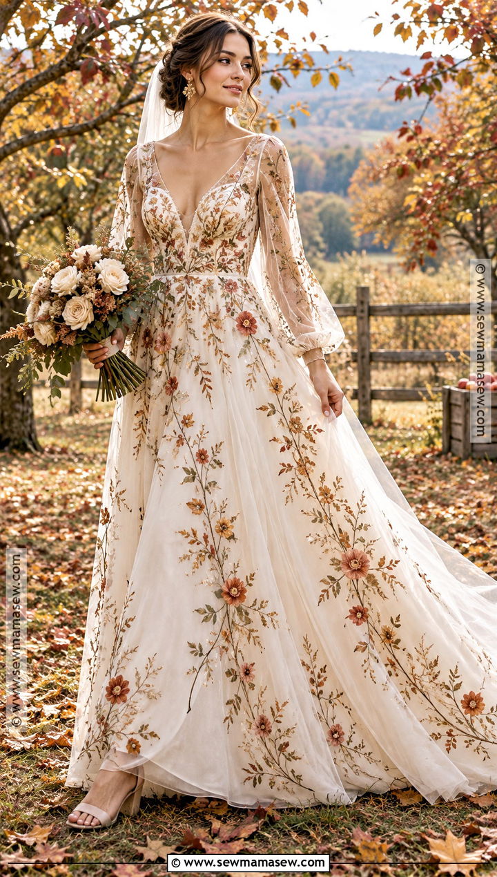 Autumn Floral Boho Wedding Dress - 20 boho fall wedding dress ideas