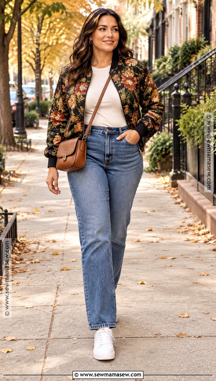 Autumn Floral Bomber Jacket With Straight Leg Jeans - 15 autumn floral jacket style ideas