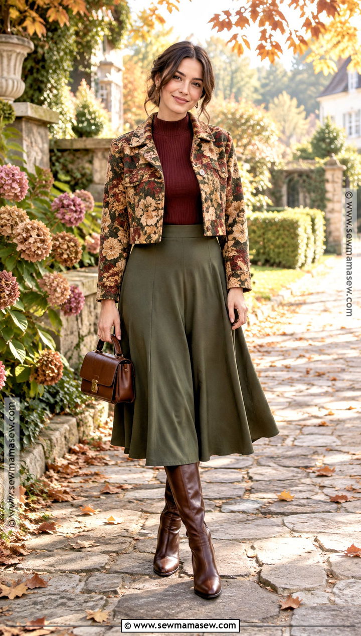 Autumn Floral Cropped Jacket With a Midi Skirt - 15 autumn floral jacket style ideas