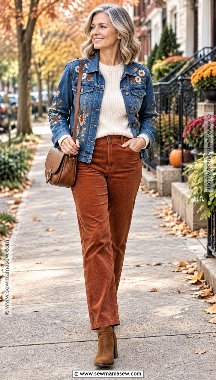 Autumn Floral Denim Jacket With Corduroy Pants - 15 autumn floral jacket style ideas
