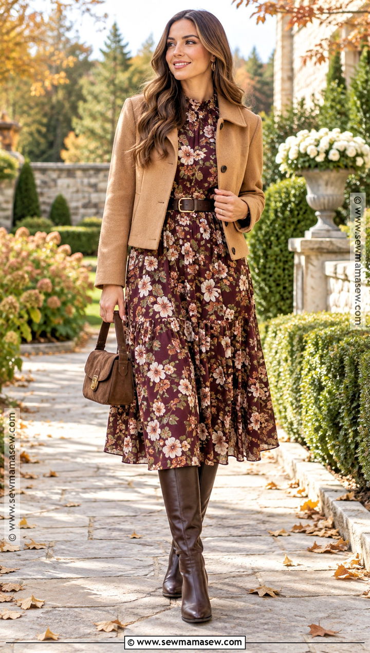 Autumn Floral Dress And Boots Outfit - 15 Autumn Women Style Ideas