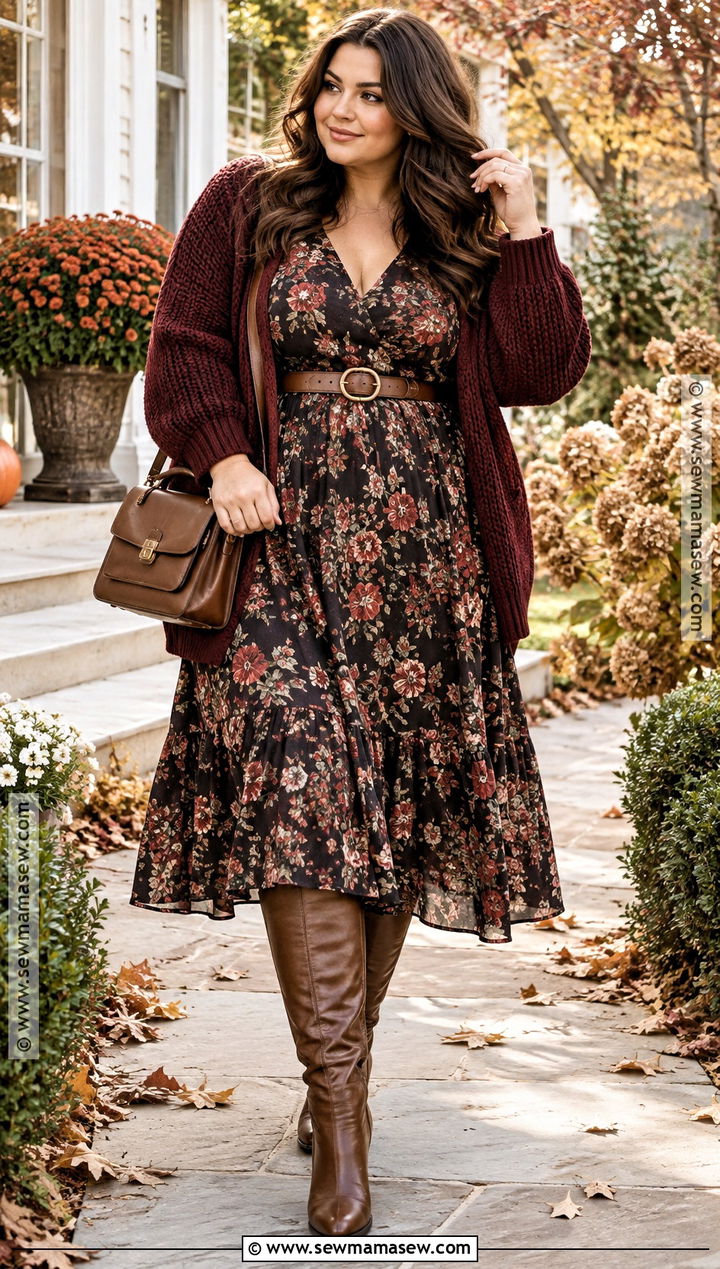 Autumn Floral Dress And Chunky Cardigan Outfit - 30 autumn outfit ideas