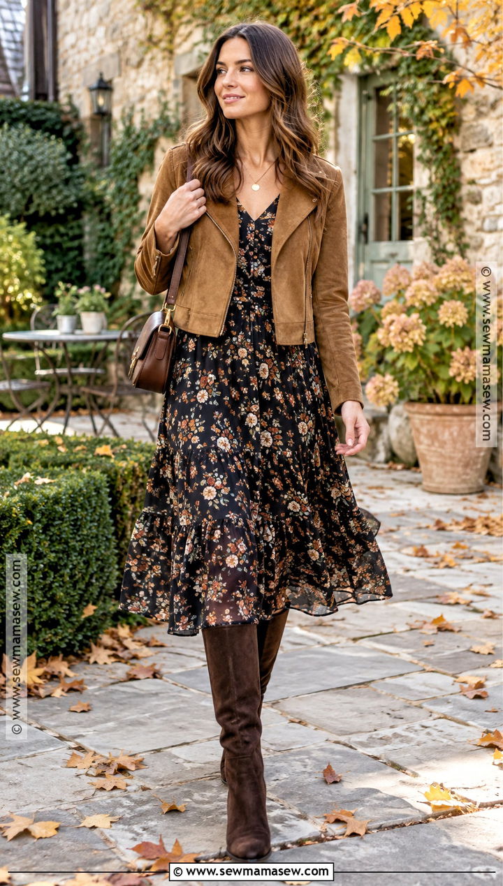 Autumn Floral Dress And Suede Jacket Outfit - 25 autumn look ideas