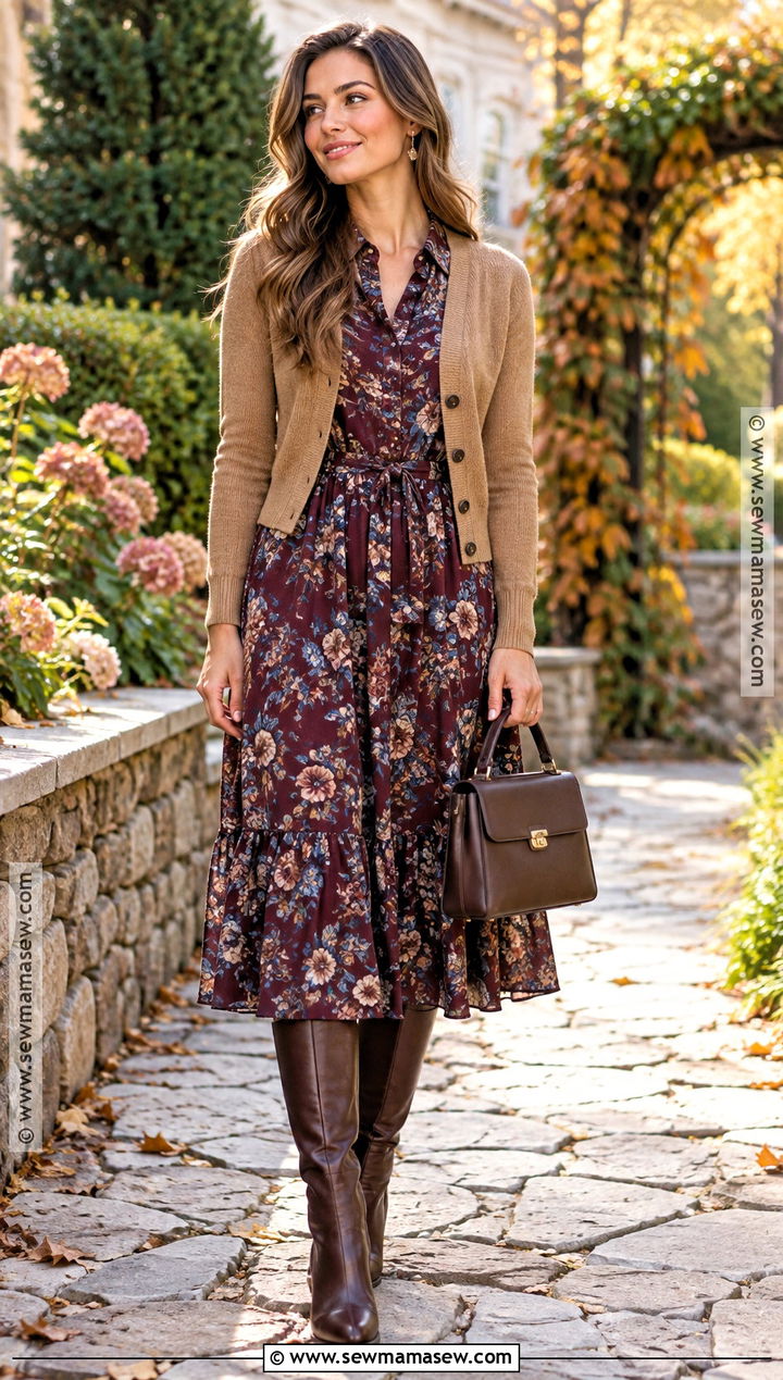 Autumn Floral Dress And Tall Boots Outfit - 15 Autumn Style Clothes