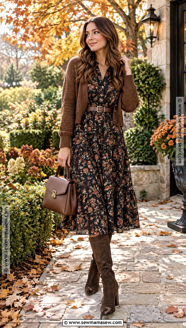 Autumn Floral Dress and Suede Boots Outfit - 25 autumn fits aesthetic