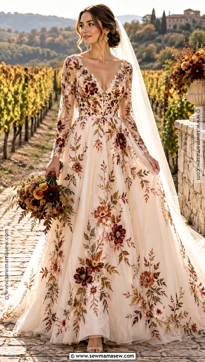Autumn Floral Embroidered Fall Wedding Dress - 20 fall color wedding dress ideas