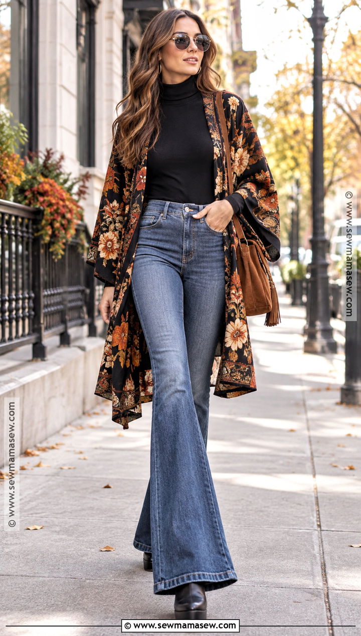 Autumn Floral Kimono Jacket With Flared Jeans - 15 autumn floral jacket style ideas