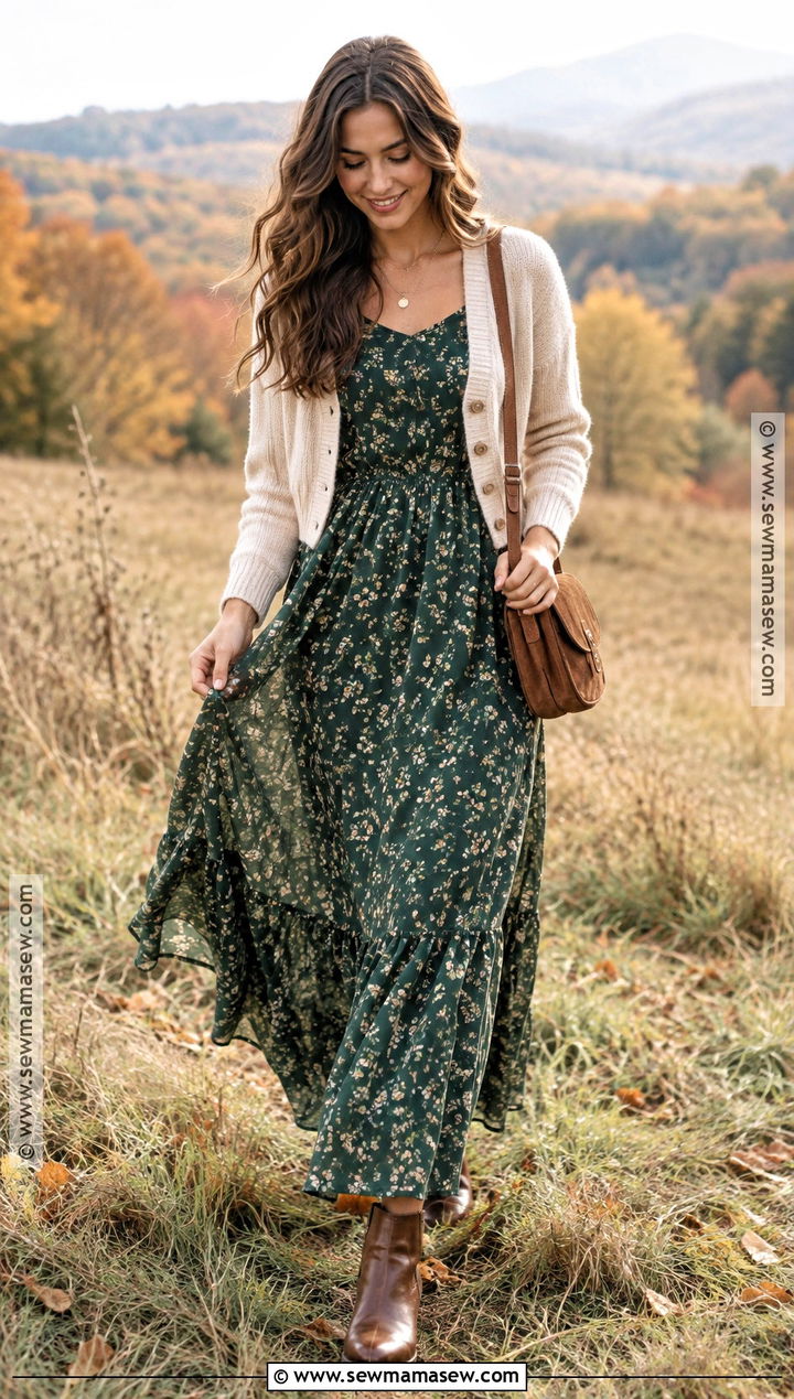 Autumn Floral Maxi Dress And Cardigan Outfit - 20 autumn outfits photoshoot