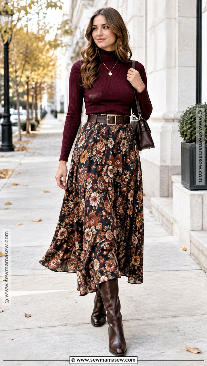 Autumn Floral Maxi Skirt With Turtleneck And Knee High Boots - 15 autumn floral skirt outfit ideas