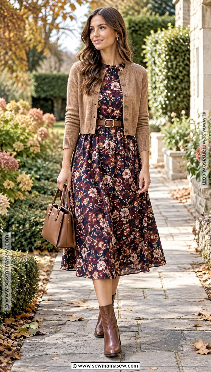 Autumn Floral Midi Dress And Ankle Boots Outfit - 25 autumn inspo outfit ideas