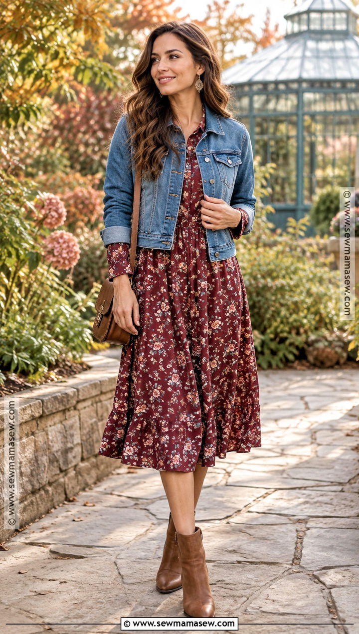 Autumn Floral Midi Dress And Denim Jacket Outfit - 15 casual date outfit autumn ideas