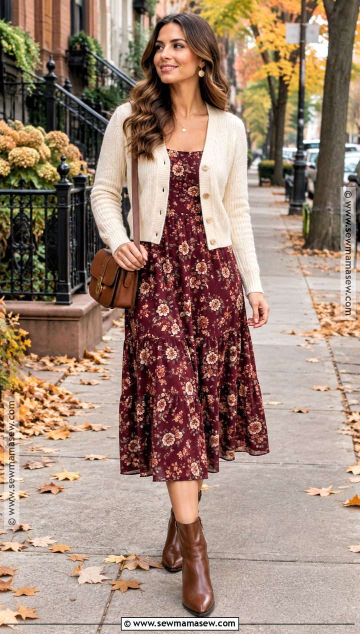 Autumn Floral Midi Dress With Cardigan And Boots - 15 feminine autumn style ideas