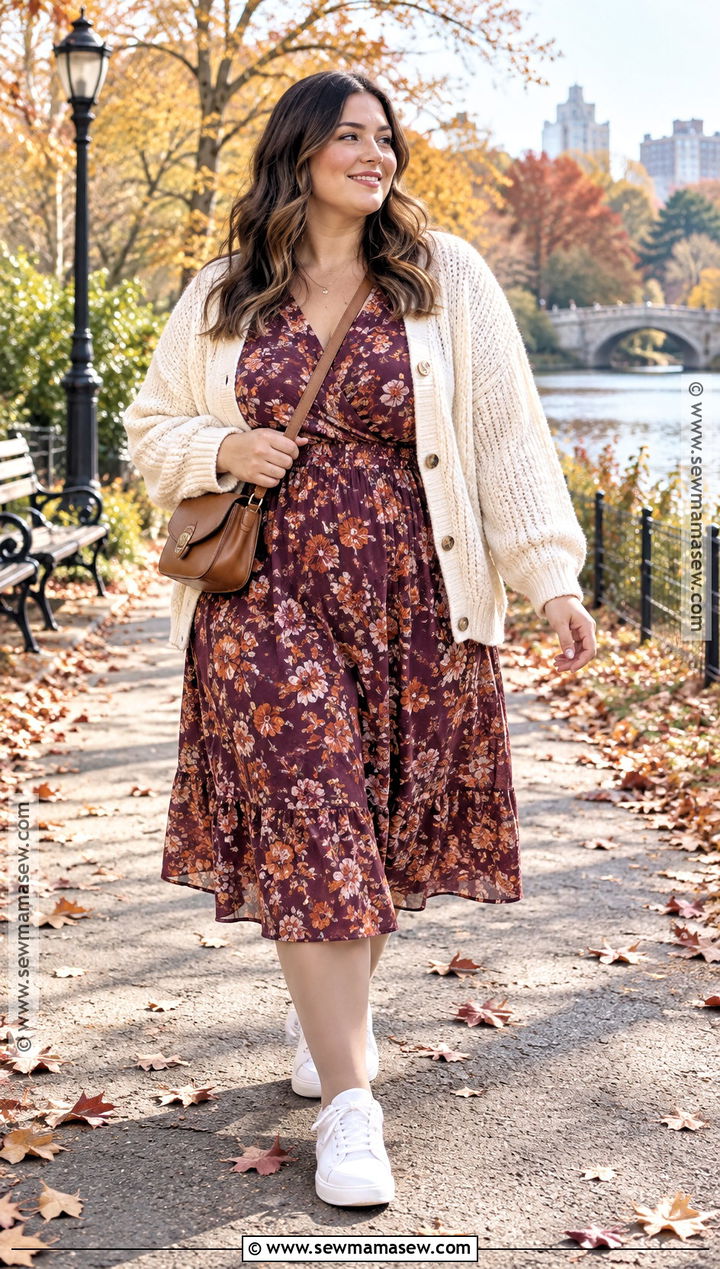 Autumn Floral Midi Dress With Cardigan And Sneakers - 20 autumn dresses casual