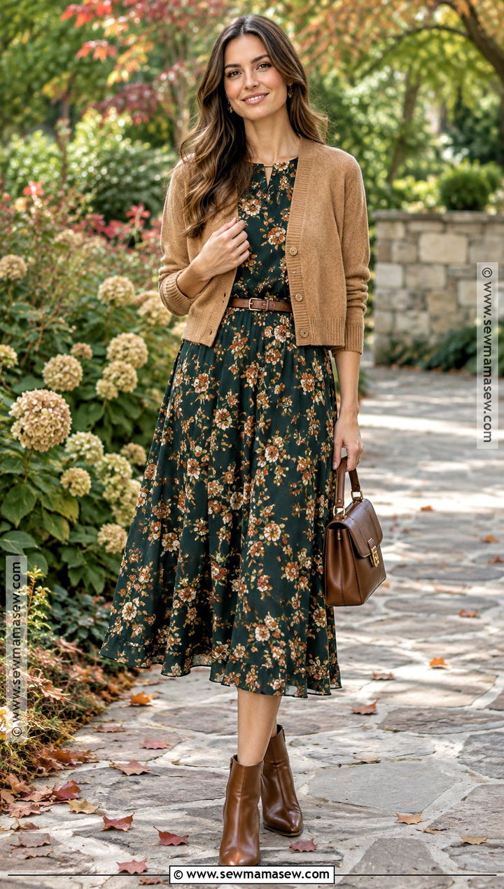 Autumn Floral Midi Dress and Ankle Boots Outfit - 25 outfit ideas for autumn