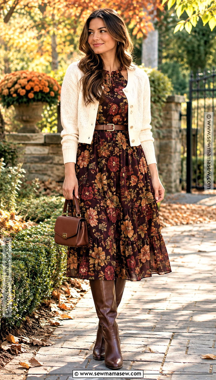 Autumn Floral Midi Dress and Knee High Boots Outfit - 15 Autumn Themed Clothing Ideas