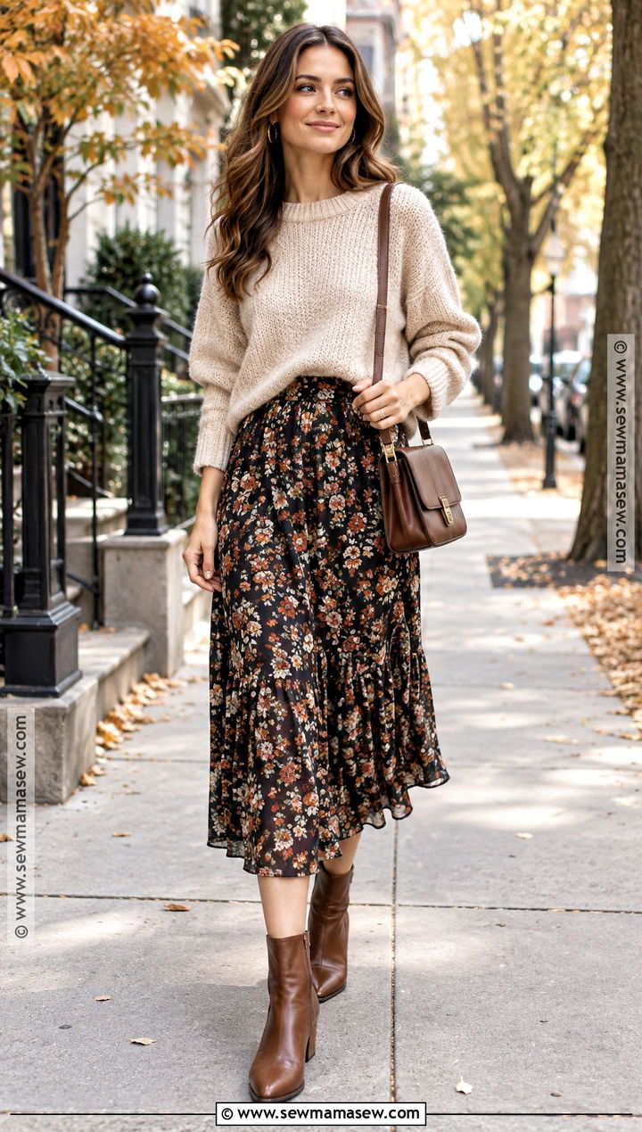 Autumn Floral Midi Skirt With Chunky Sweater And Boots - 15 autumn floral skirt outfit ideas