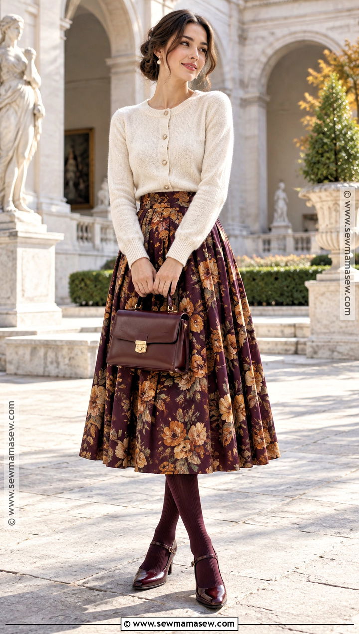 Autumn Floral Pleated Skirt With Cardigan And Mary Janes - 15 autumn floral skirt outfit ideas