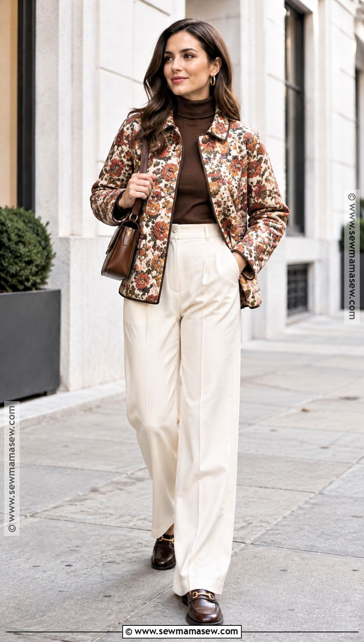 Autumn Floral Quilted Jacket With Wide Leg Pants - 15 autumn floral jacket style ideas