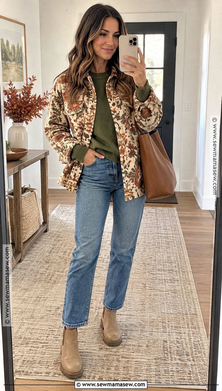 Autumn Floral Shacket With a Sweater and Jeans - 15 autumn floral jacket style ideas