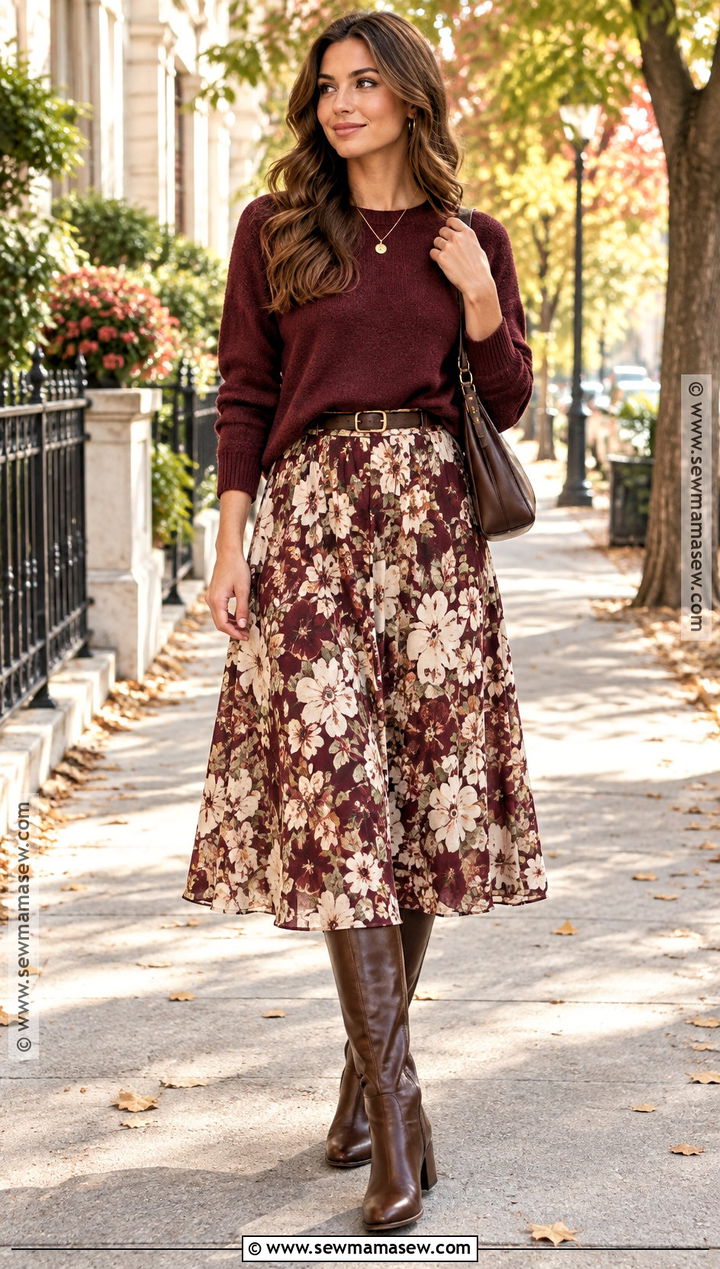Autumn Floral Skirt With Burgundy Sweater And Tall Boots - 15 autumn floral skirt outfit ideas