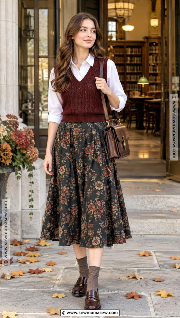 Autumn Floral Skirt With Sweater Vest And Button Down Shirt - 15 autumn floral skirt outfit ideas