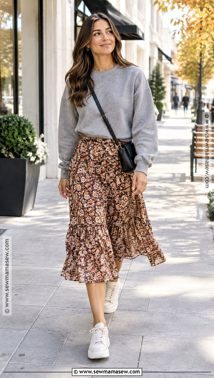 Autumn Floral Skirt With Sweatshirt And White Sneakers - 15 autumn floral skirt outfit ideas