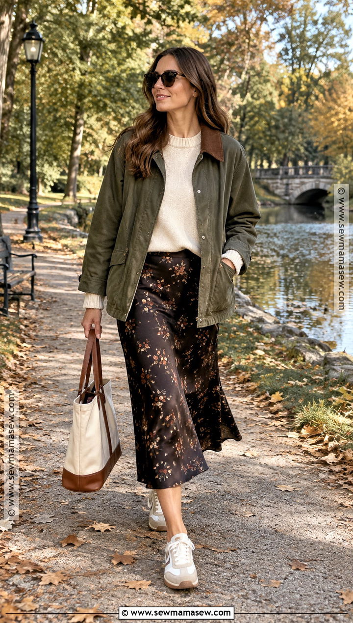 Autumn Floral Slip Skirt With Barn Jacket And Sneakers - 15 autumn floral skirt outfit ideas
