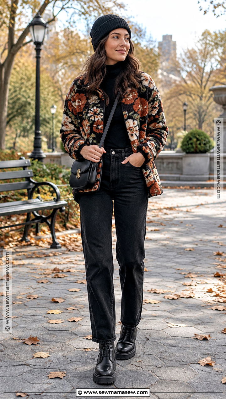 Autumn Floral Teddy Jacket With Monochrome Basics - 15 autumn floral jacket style ideas