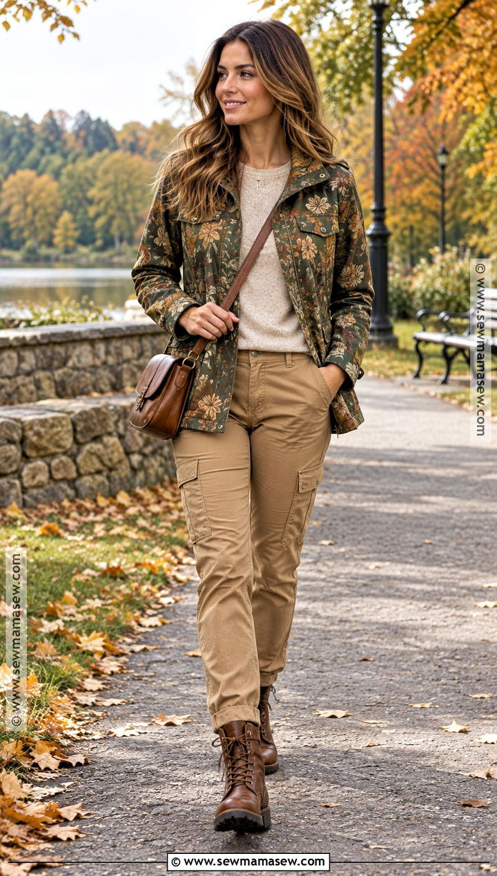 Autumn Floral Utility Jacket With Cargo Pants - 15 autumn floral jacket style ideas