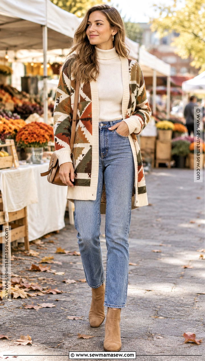 Autumn Geometric Cardigan Outfit - 15 Autumn Patterned Clothing Ideas