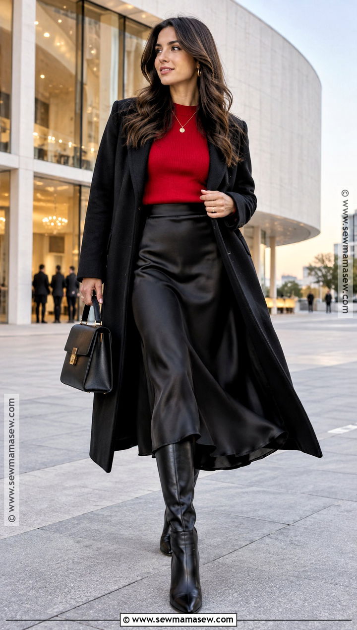 Autumn Going Out Outfit With Red Sweater And Satin Skirt - 25 autumn going out outfit ideas