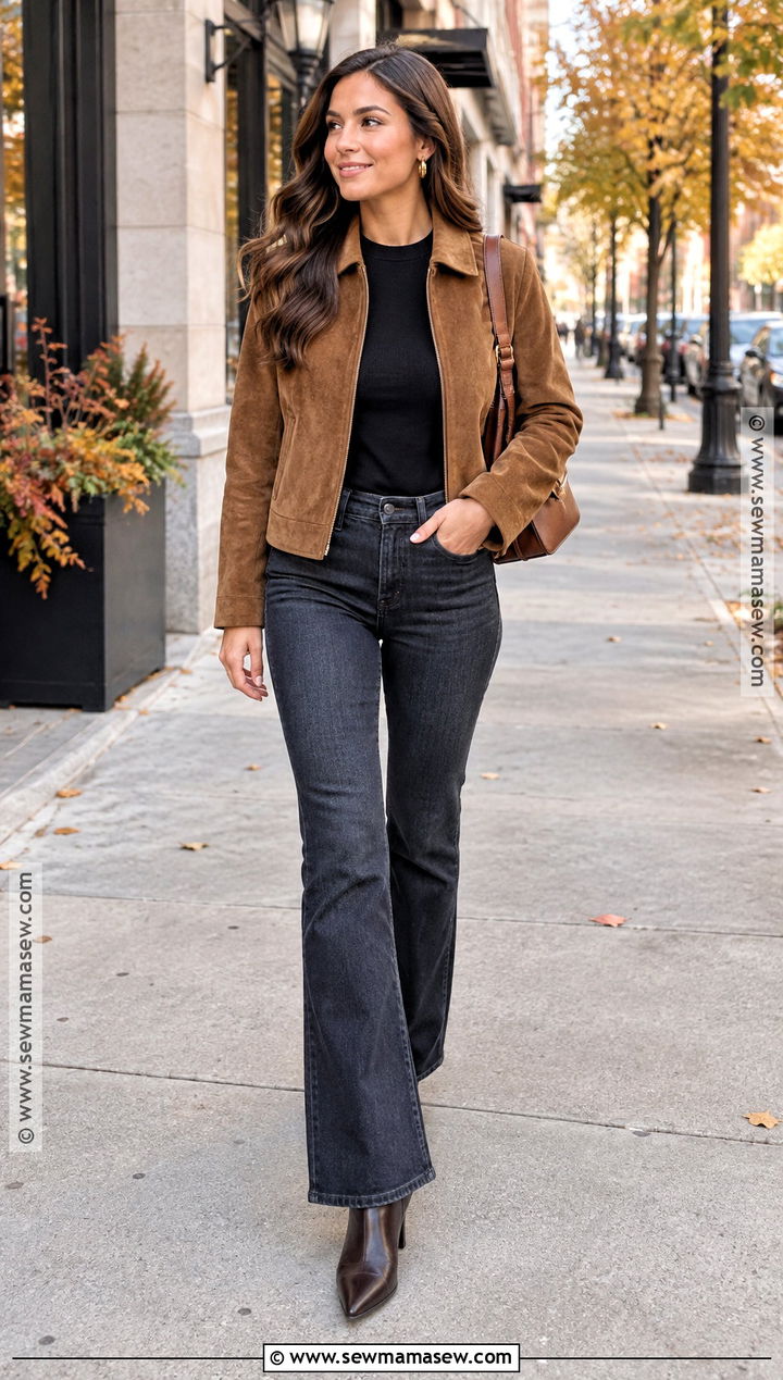 Autumn Going Out Outfit With Suede Jacket And Dark Denim - 25 autumn going out outfit ideas