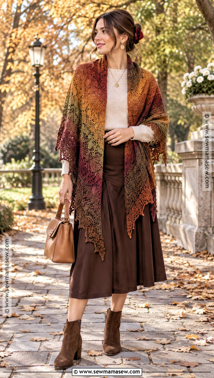 Autumn Gradient Lace Shawl With Neutral Separates - 15 autumn color lace shawl ideas