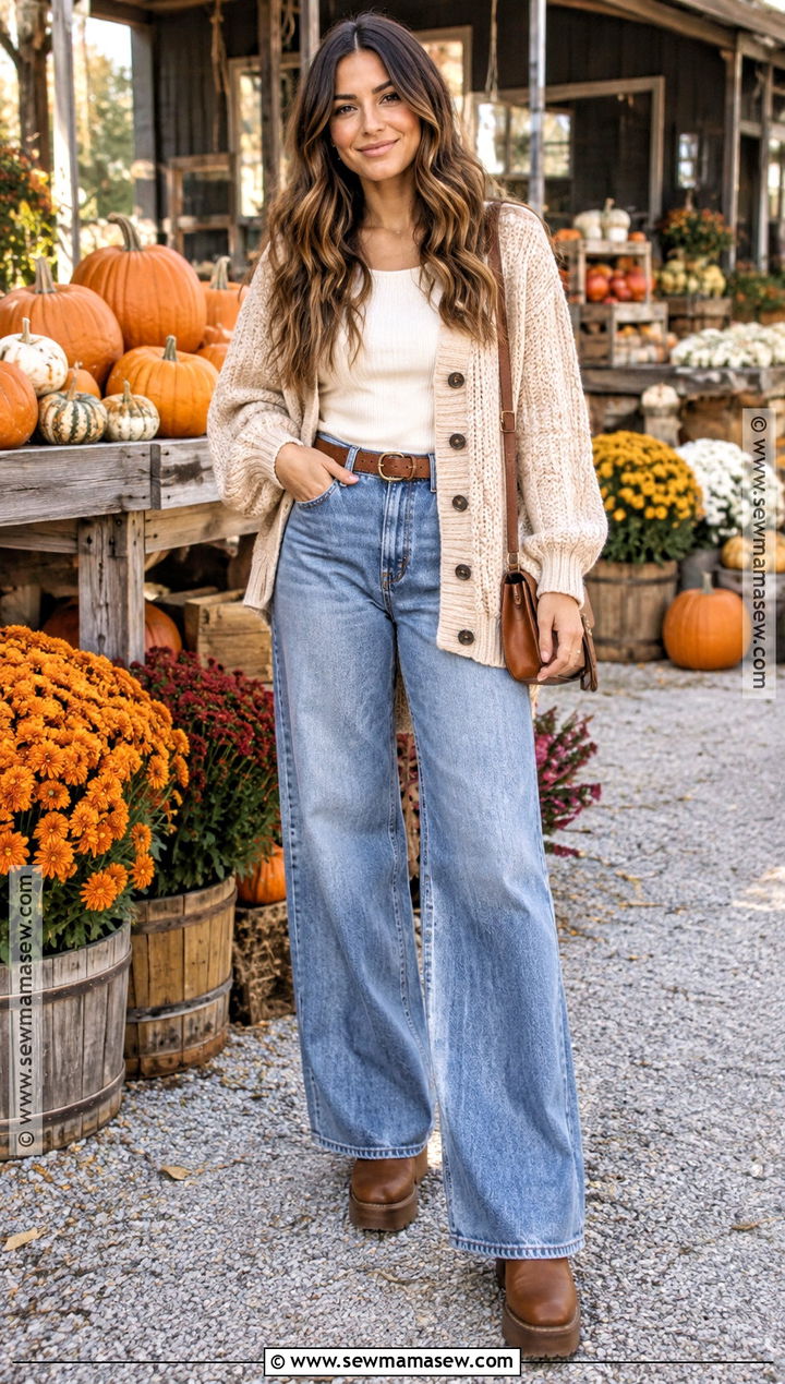 Autumn Harvest Cardigan And Wide Leg Jeans Outfit - 15 autumn harvest clothing ideas