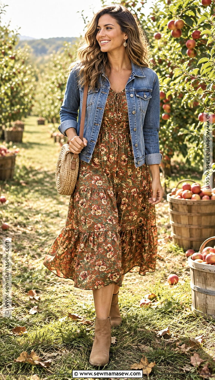Autumn Harvest Floral Dress And Denim Jacket Outfit - 15 autumn harvest clothing ideas