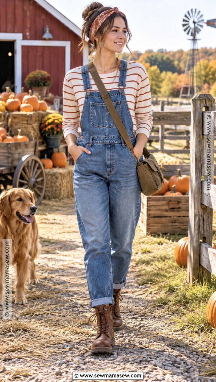 Autumn Harvest Overalls And Striped Top Outfit - 15 autumn harvest clothing ideas