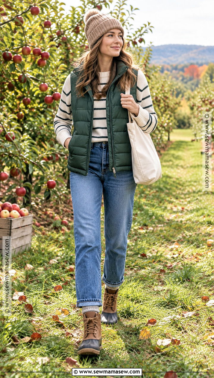 Autumn Harvest Puffer Vest And Straight Jeans Outfit - 15 autumn harvest clothing ideas
