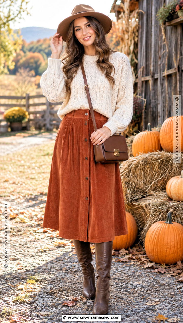 Autumn Harvest Sweater And Corduroy Skirt Outfit - 15 autumn harvest clothing ideas