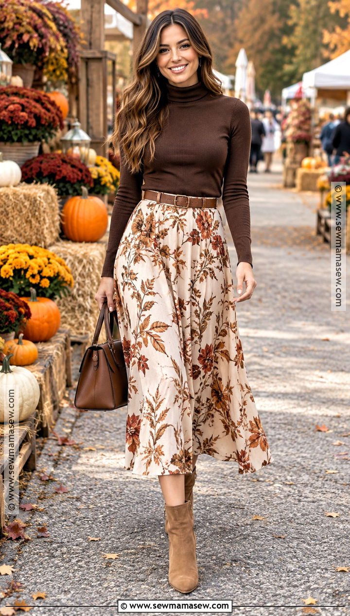 Autumn Harvest Turtleneck And Midi Skirt Outfit - 15 autumn harvest clothing ideas