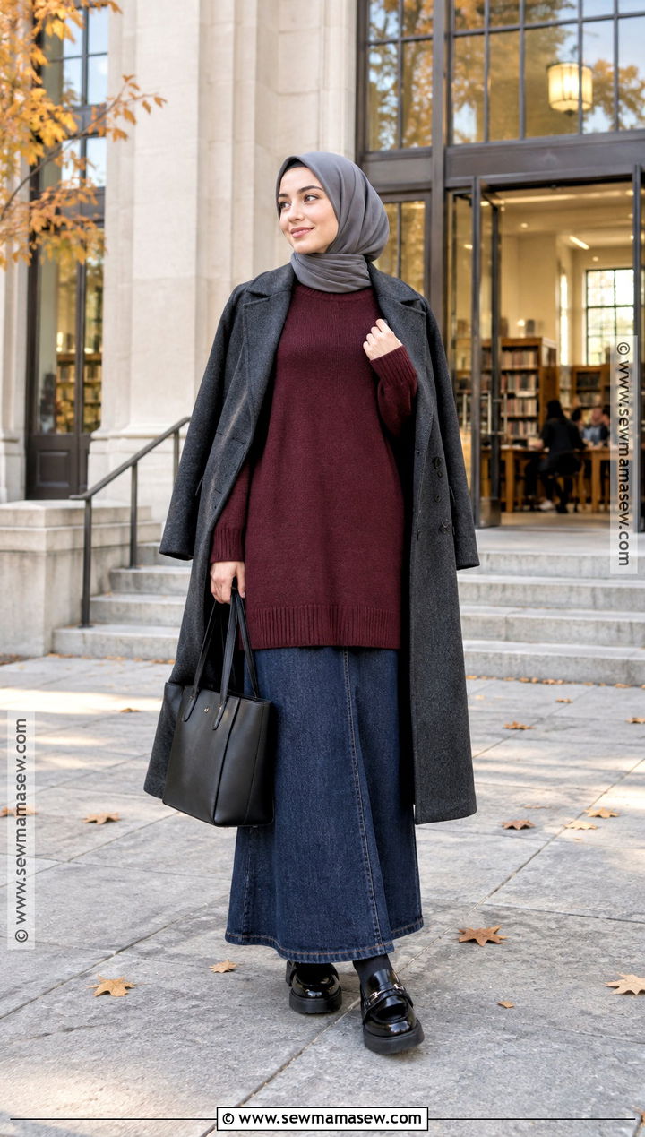 Autumn Hijabi Denim Maxi Skirt Outfit - 25 autumn hijabi outfits