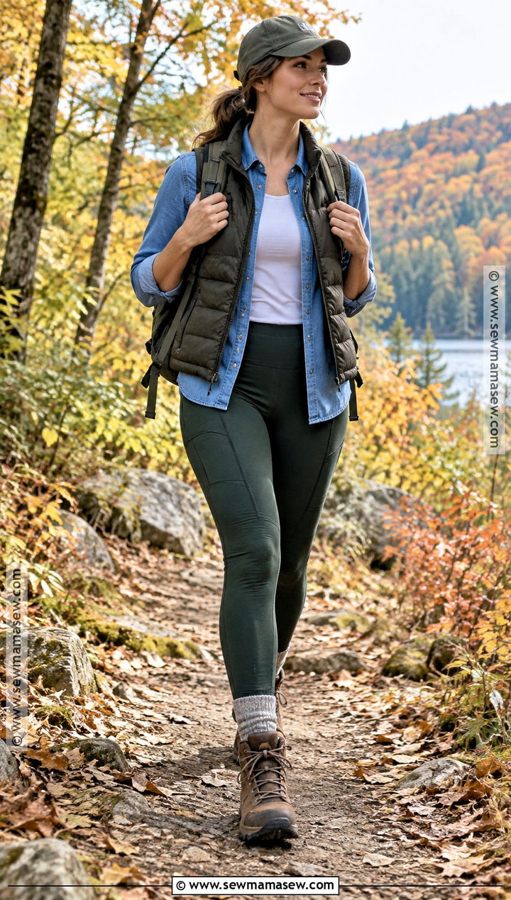 Autumn Hiking Outfit With Denim Shirt And Trail Leggings - 25 autumn hiking outfit ideas
