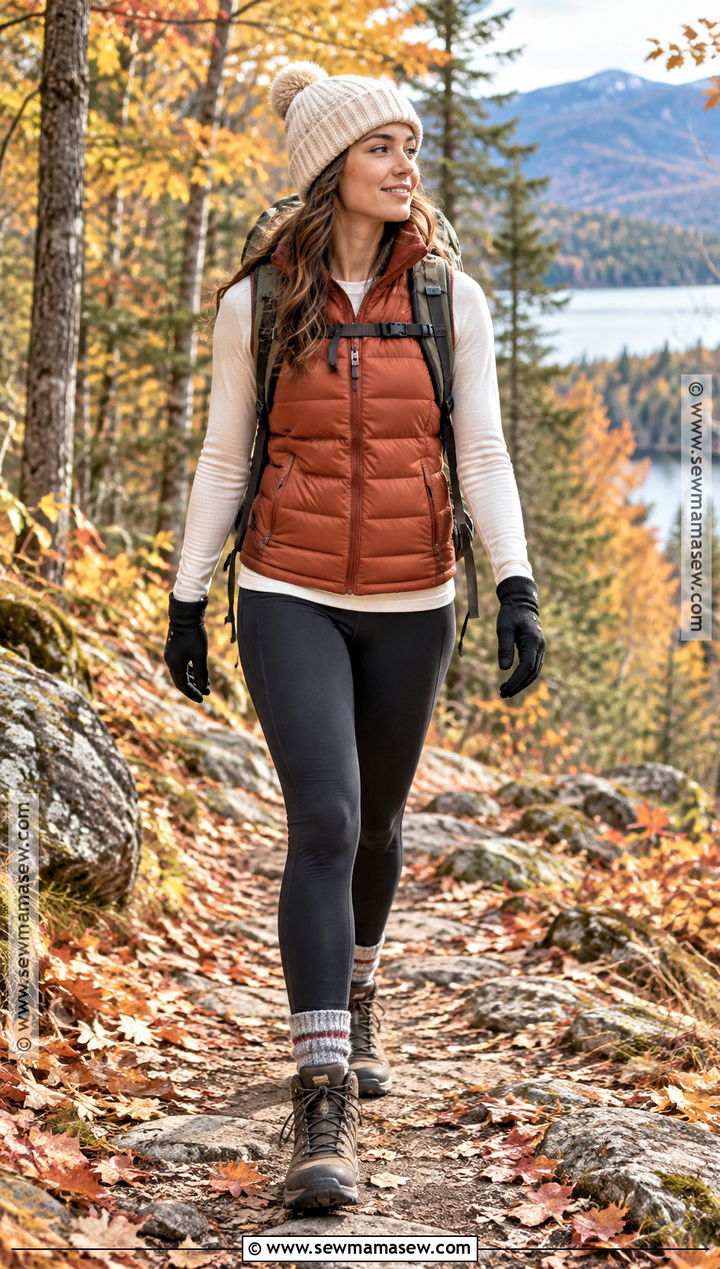 Autumn Hiking Outfit With Down Vest And Thermal Leggings - 25 autumn hiking outfit ideas